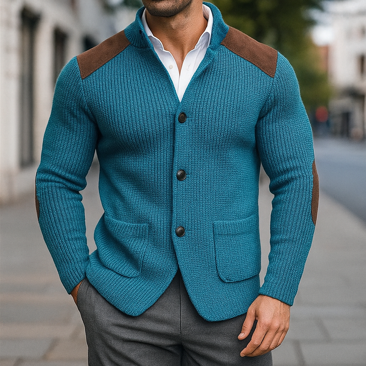 Men's Christmas Sweater with Structured Shoulder Details in Seeblau