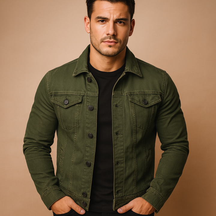 Men's Fall Jacket in Classic Denim in Olive Green