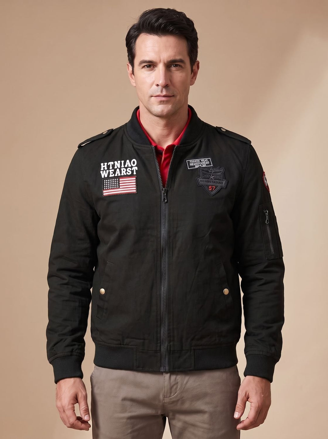 Men's Fall Jacket with Military Patches in Black
