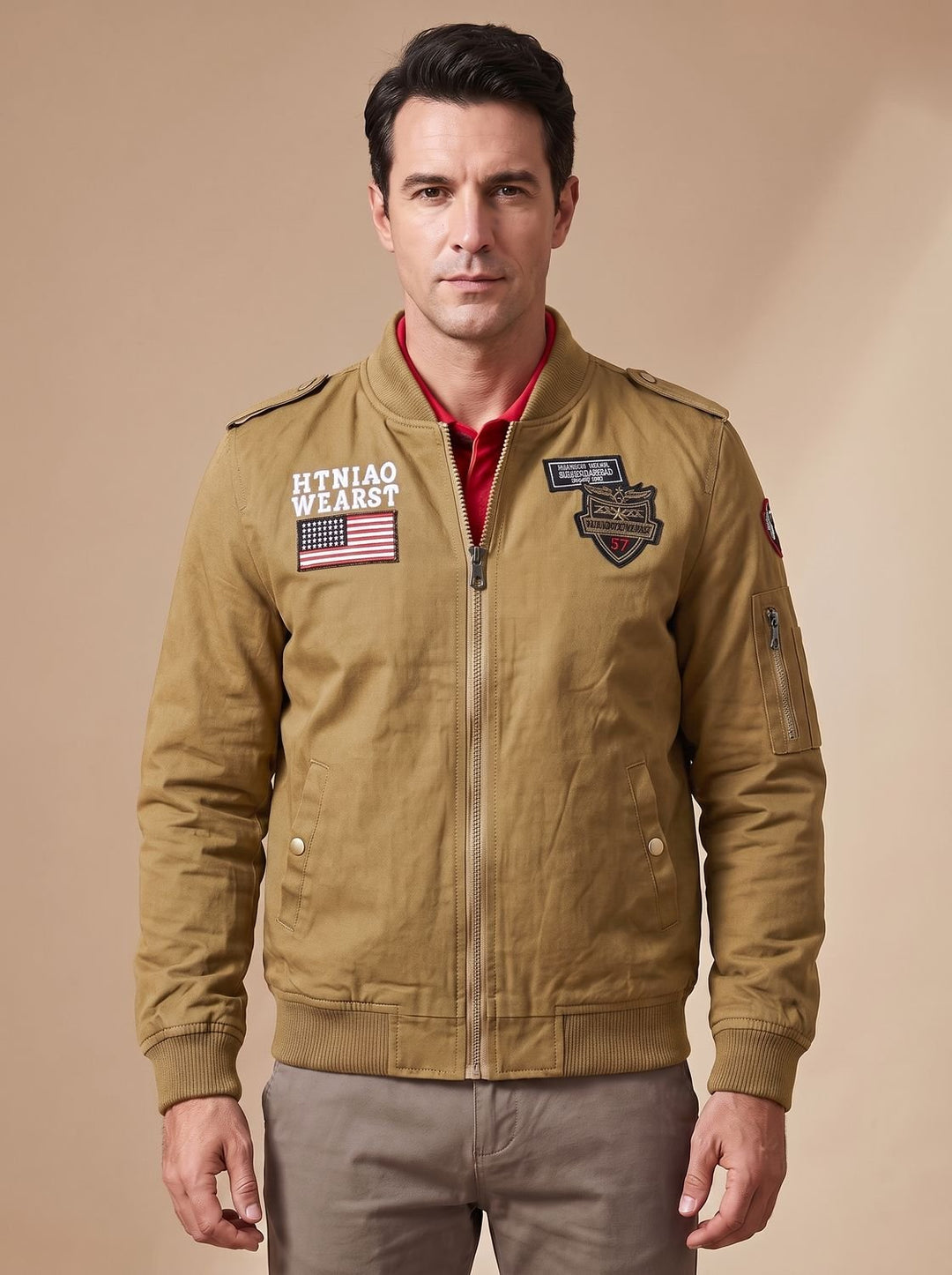 Men's Fall Jacket with Military Patches in Dark Khaki
