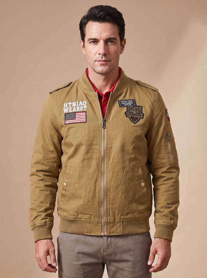 Men's Fall Jacket with Military Patches in Dark Khaki