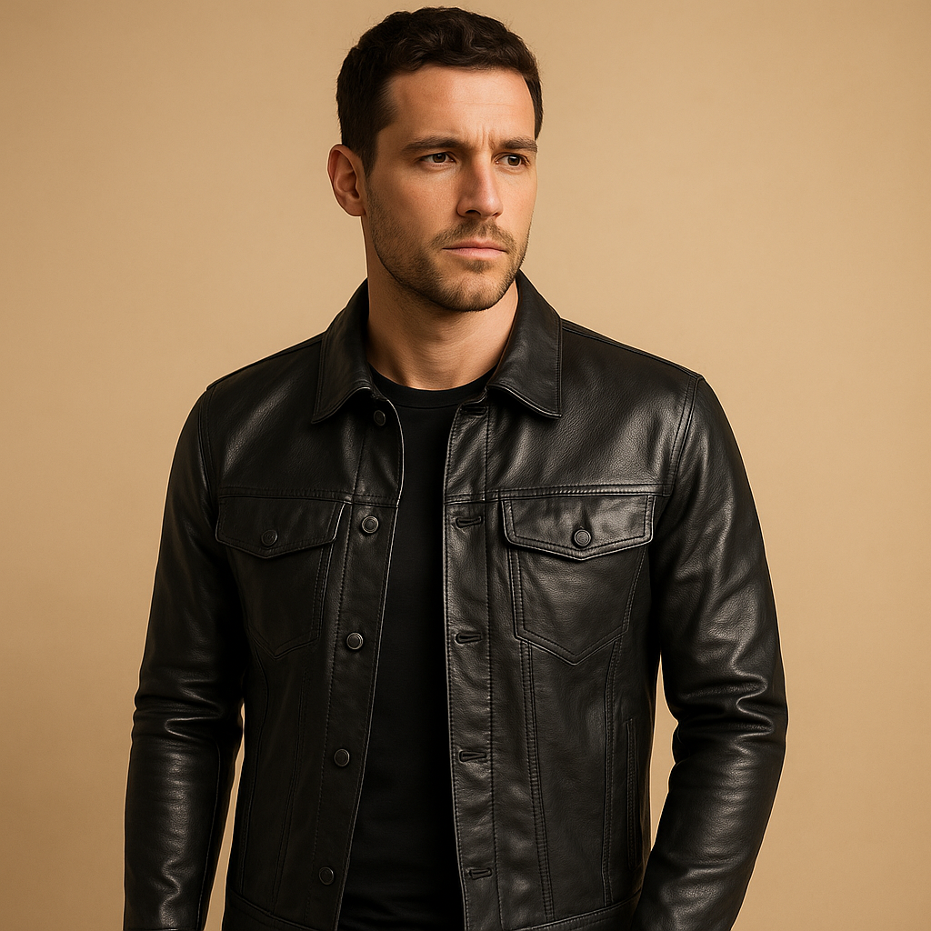 Men's Fall Jacket with Trucker Leather-Look in Black