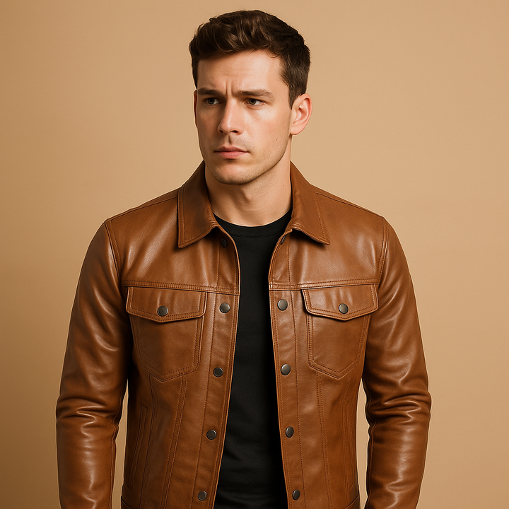 Men's Fall Jacket with Trucker Leather-Look in Brown