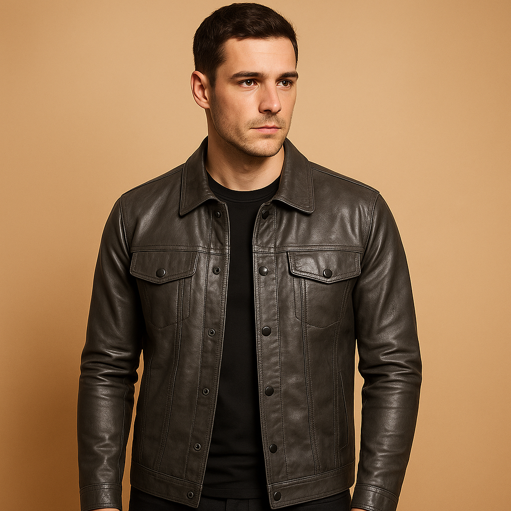 Men's Fall Jacket with Trucker Leather-Look in Dark Grey