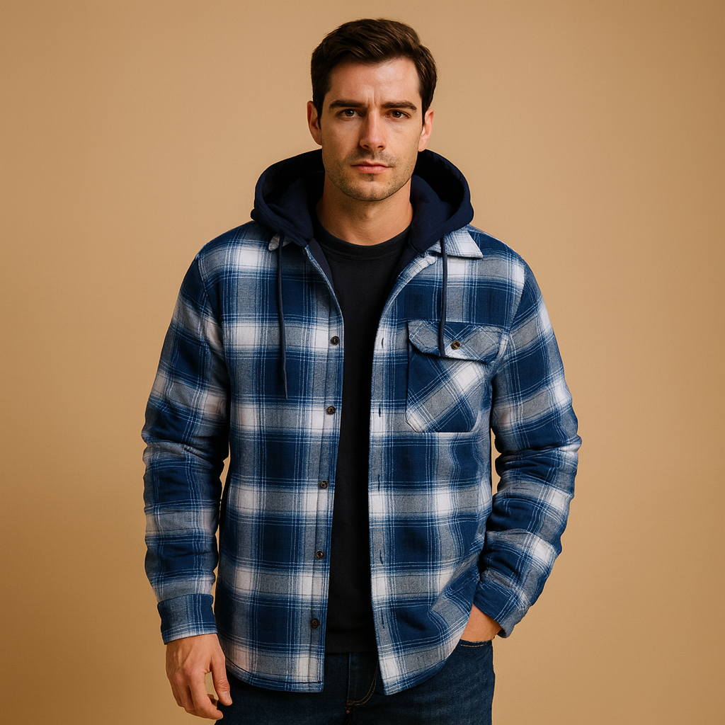 Men's Fall Jacket with Warm Lined Hood in Blue