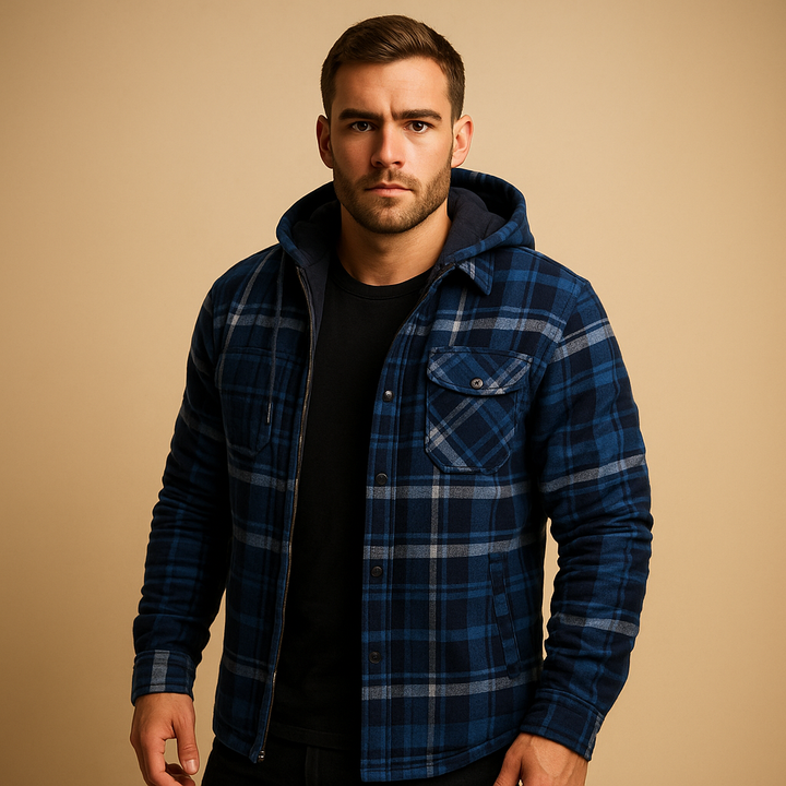 Men's Fall Jacket with Warm Lined Hood in Dark Blue