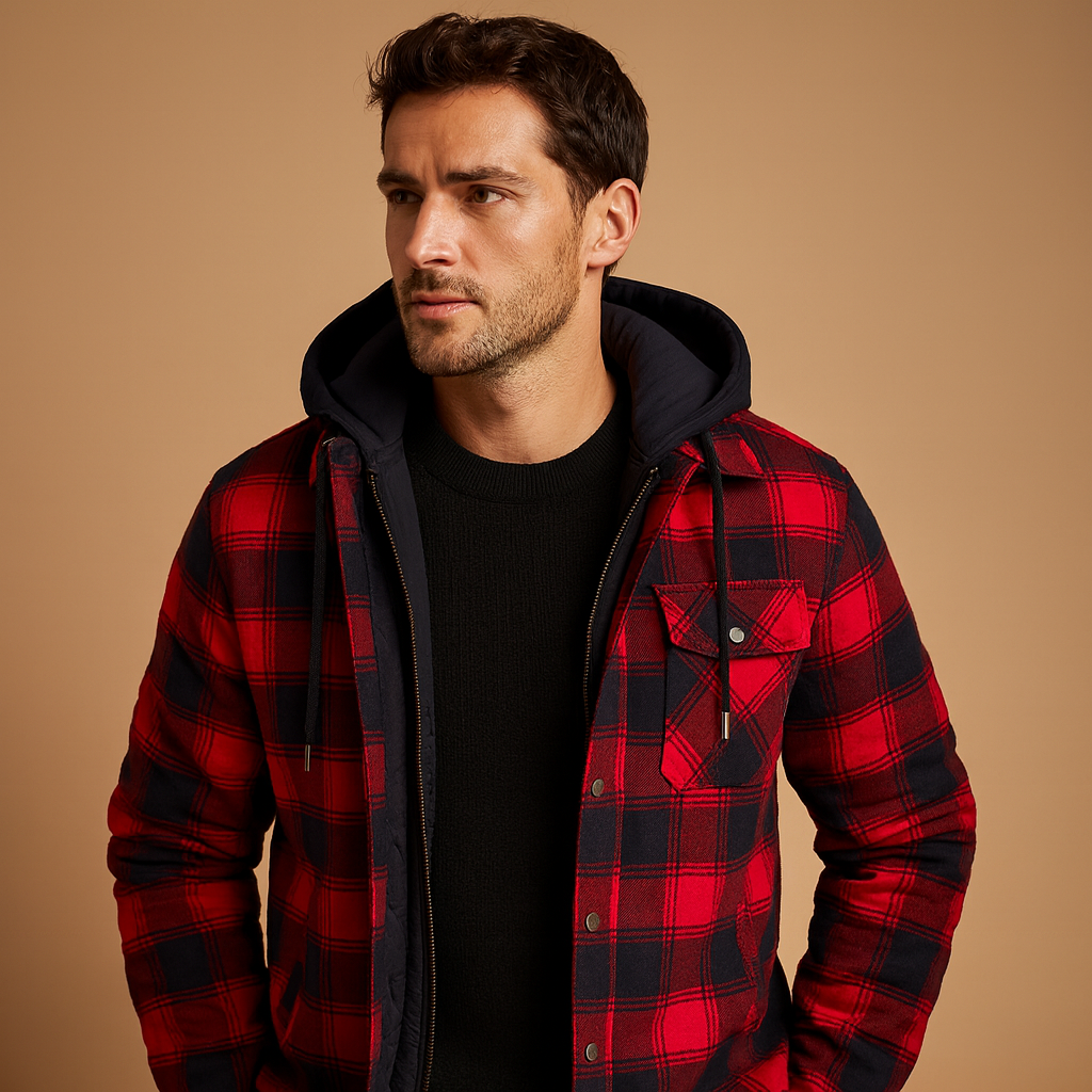 Men's Fall Jacket with Warm Lined Hood in Red