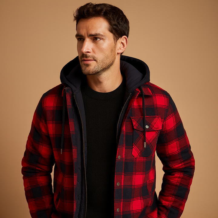 Men's Fall Jacket with Warm Lined Hood in Red