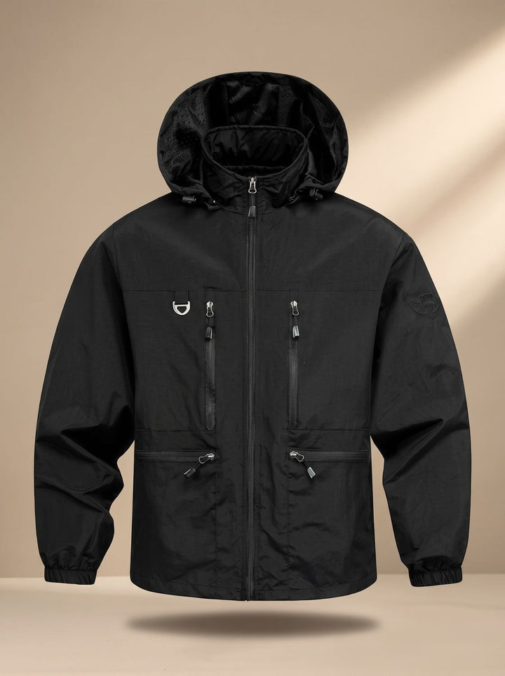 Men's Fall Jacket with Waterproof Hooded Design in Black