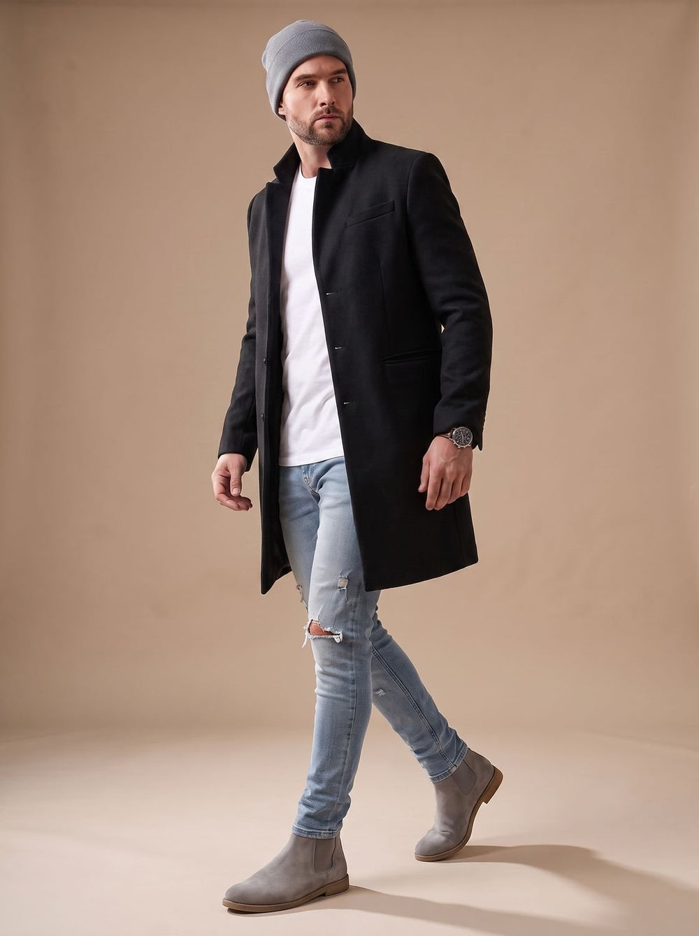 Men's Fall Jacket, Wool Blend, Mid-Length Tailored in Black