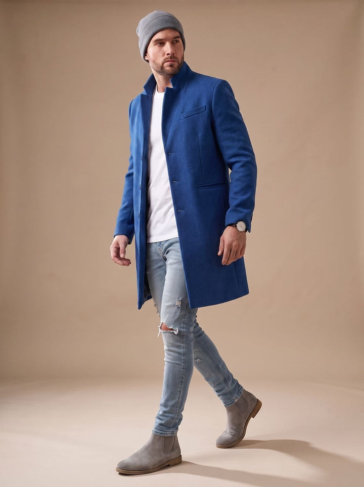 Men's Fall Jacket, Wool Blend, Mid-Length Tailored in Blue