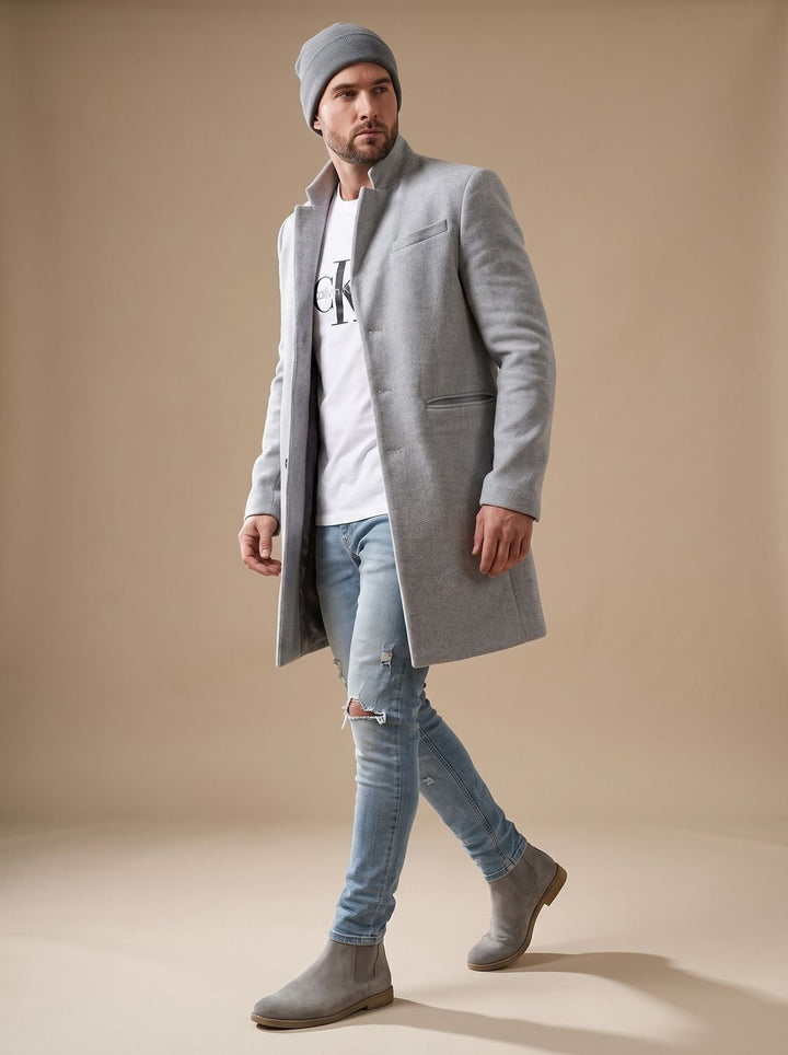 Men's Fall Jacket, Wool Blend, Mid-Length Tailored in Grey