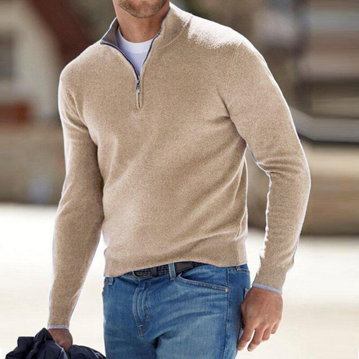 Men's Half-Zip Knit Sweater for Fall Comfort in Beige