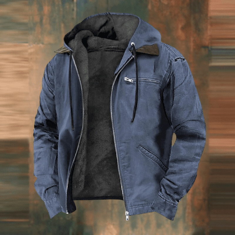 Men's Hooded Leather Jacket for Fall in Blue