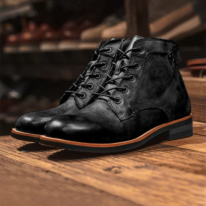 Men's Lace-up Leather Boots for Fall in Black