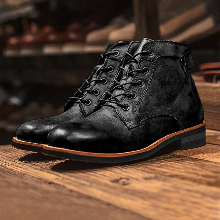 Men's Lace-up Leather Boots for Fall in Black