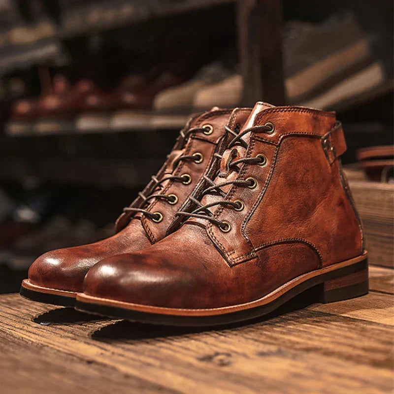 Men's Lace-up Leather Boots for Fall in Brown