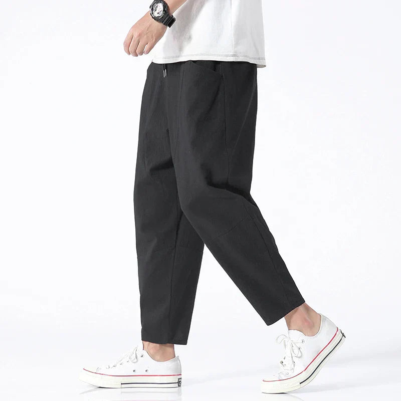 Men's Linen Cropped Pants for Fall in Black