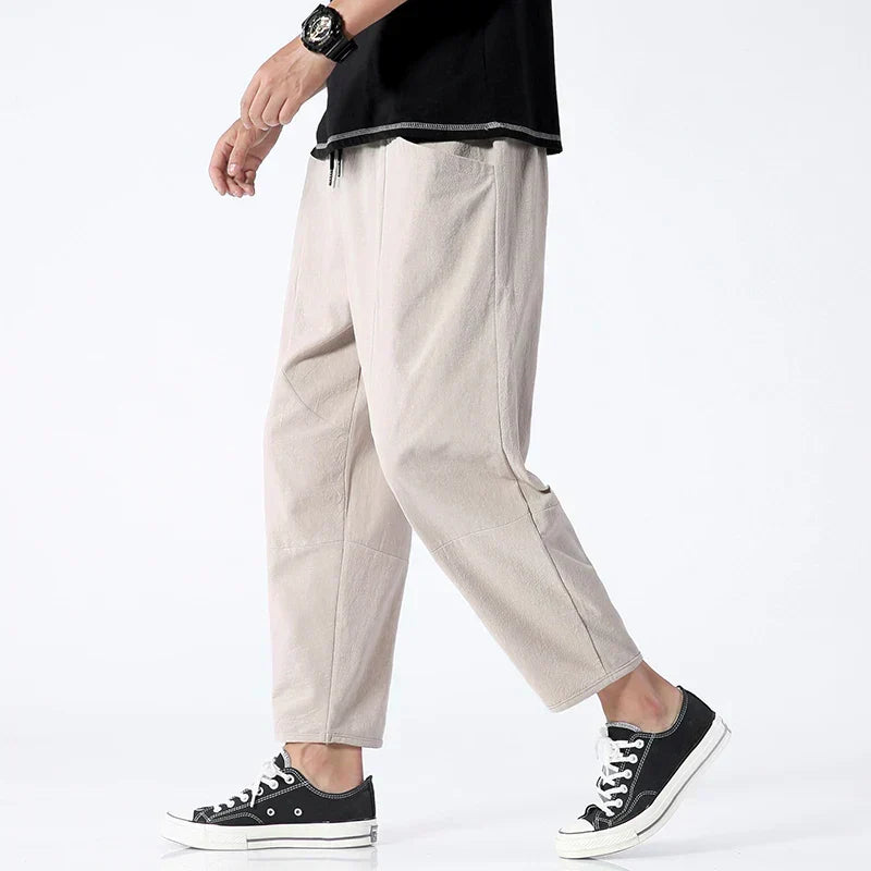 Men's Linen Cropped Pants for Fall in Khaki