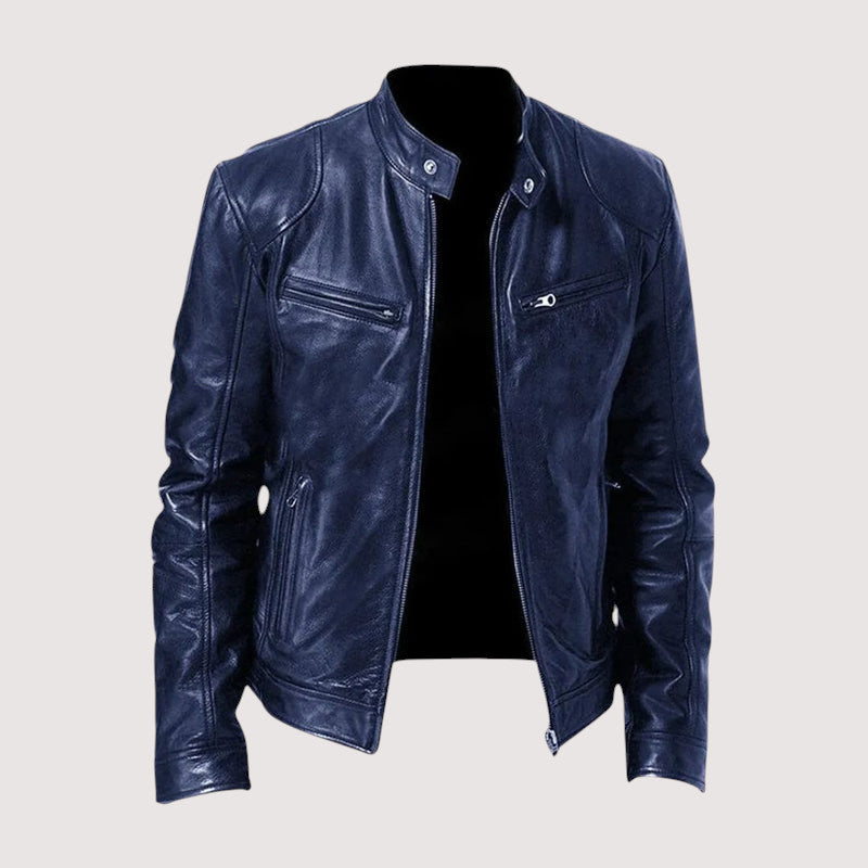 Men's Minimalist Leather Jacket for Fall in Dark Blue