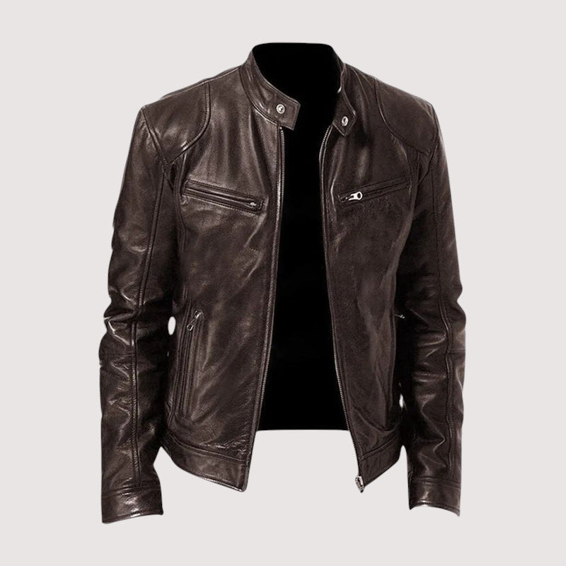 Men's Minimalist Leather Jacket for Fall in Dark Brown