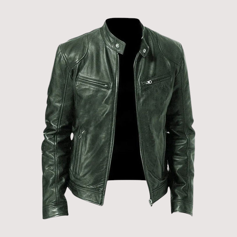 Men's Minimalist Leather Jacket for Fall in Dark Green
