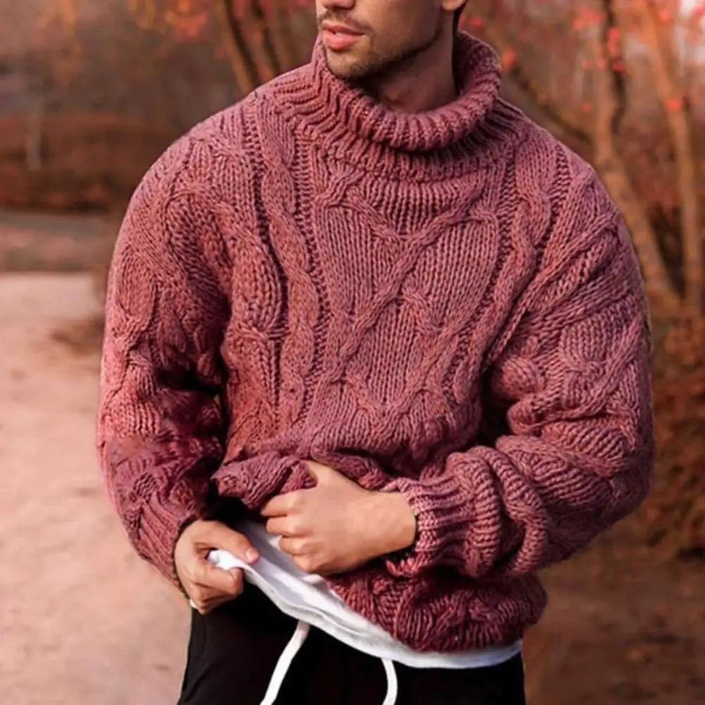 Men's Sweater with Turtleneck in Heavy Knit in Red
