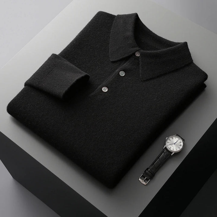Men's Tailored Cashmere Polo Pullover in Black