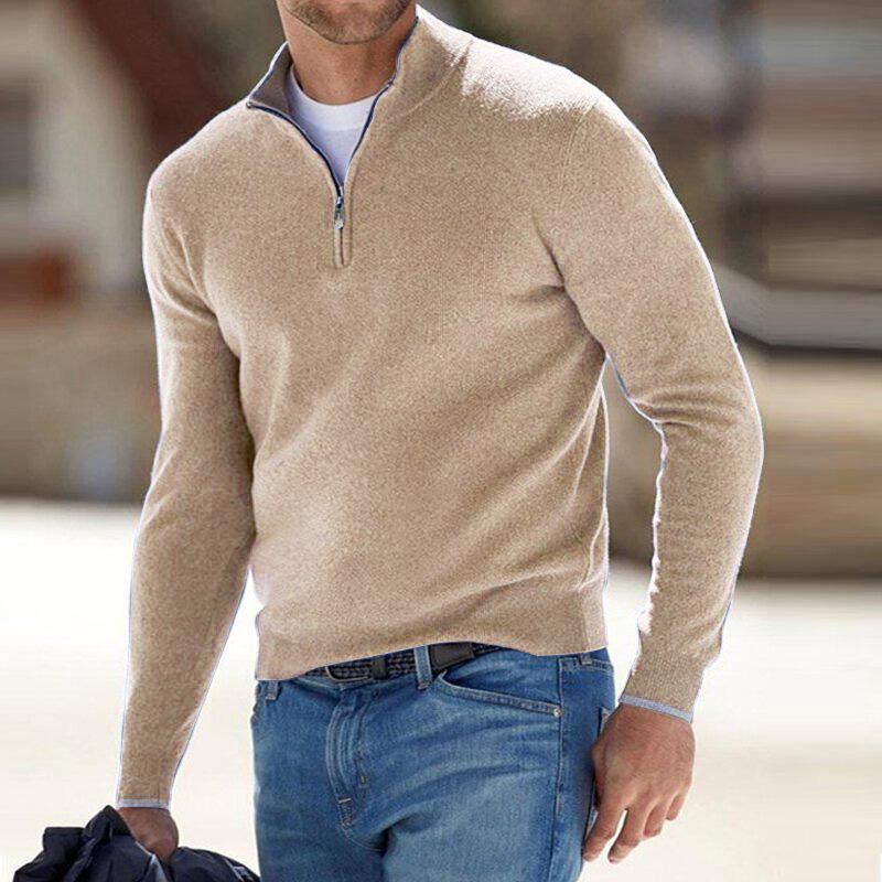 Men's Warm Pullover with Half-Zip in Beige