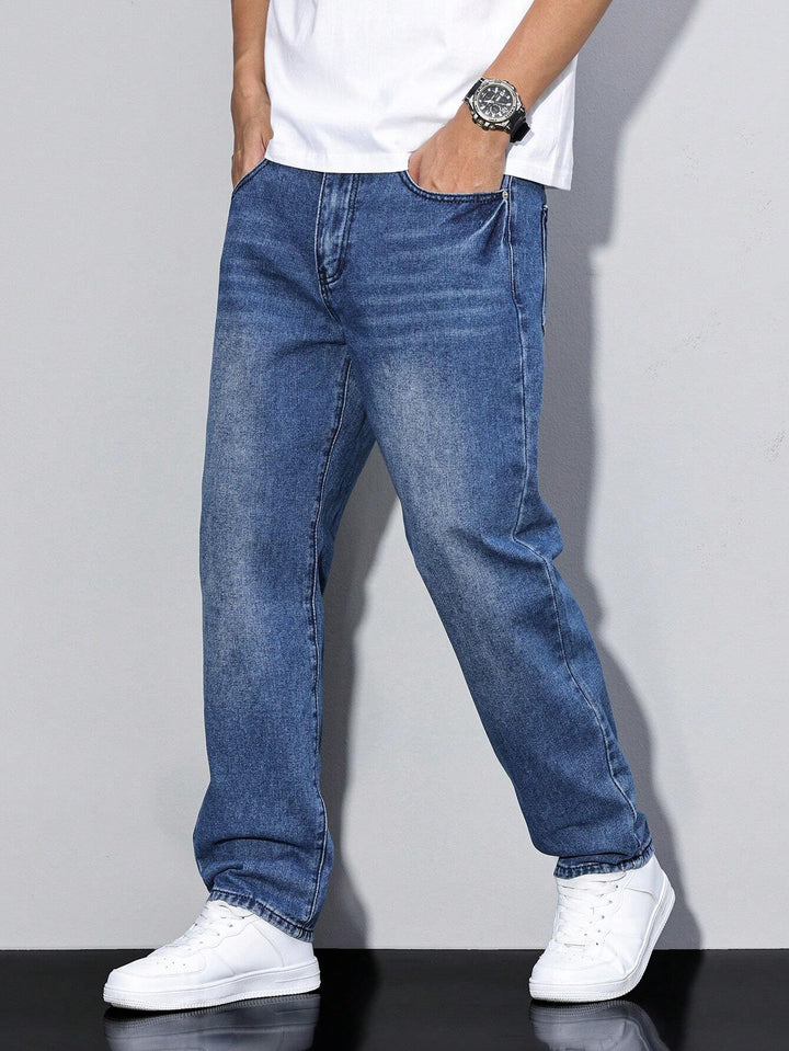 Men's Wide Leg Denim Jeans for Fall in Navy Blue