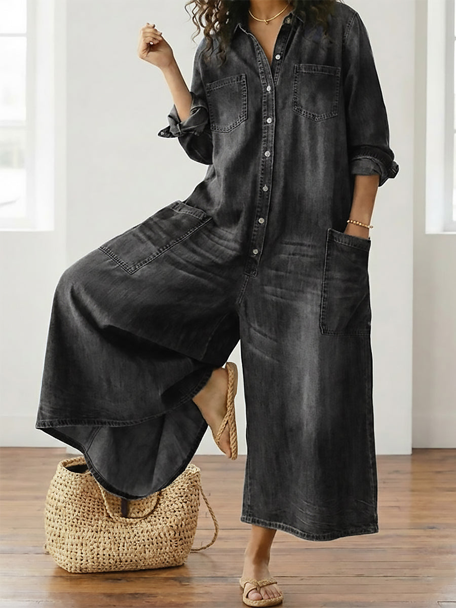 Vintage-Washed Denim Jumpsuit