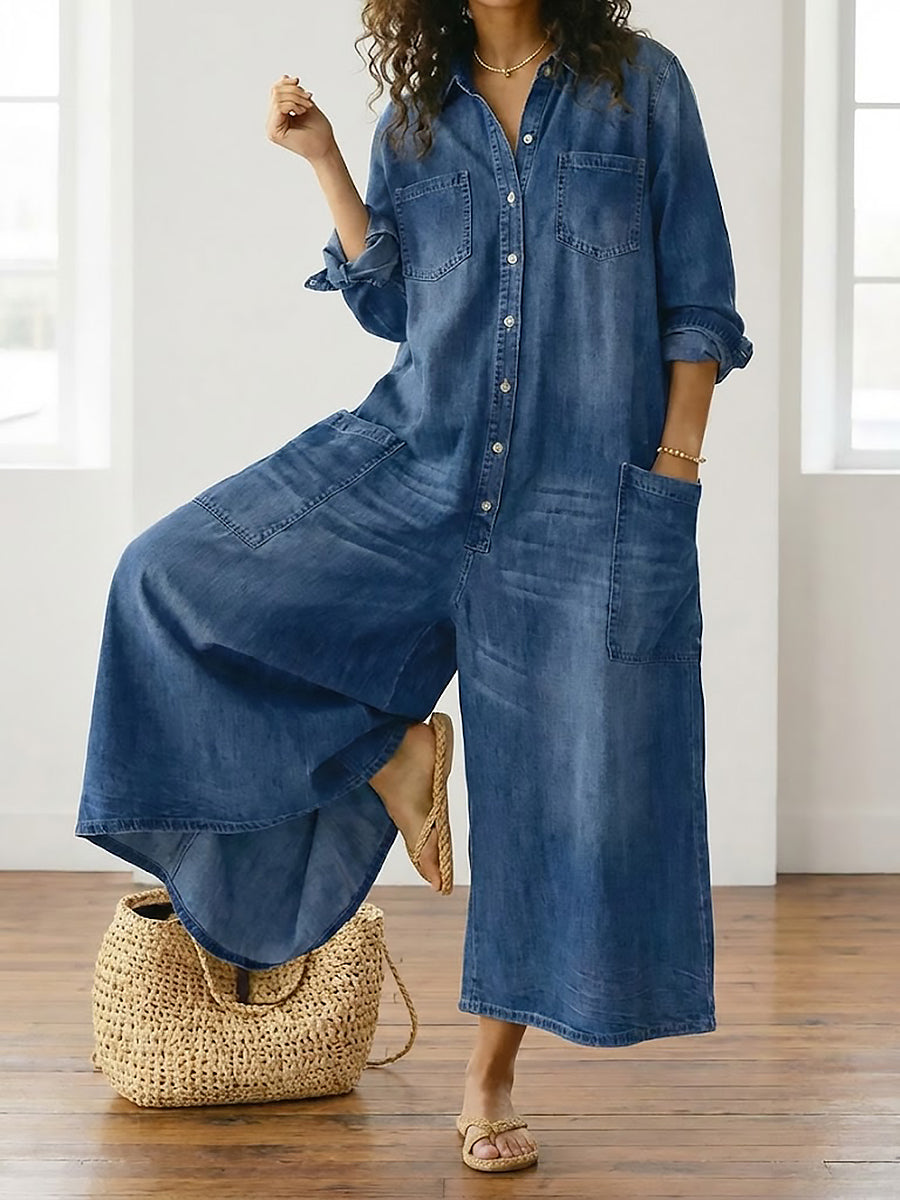 Vintage-Washed Denim Jumpsuit