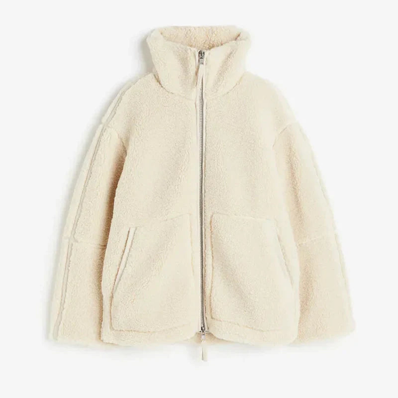 Oversized Women's Wool Fleece Coat in Beige 2