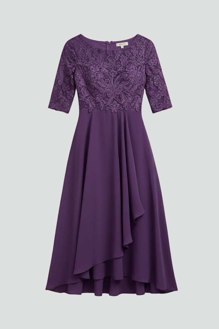 Patterned Elegant Midi Dress with Round Neckline