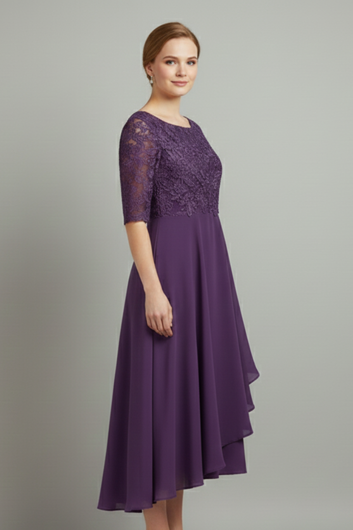 Patterned Elegant Midi Dress with Round Neckline (3)