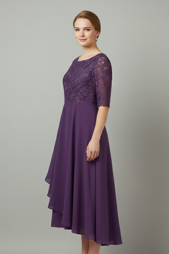 Patterned Elegant Midi Dress with Round Neckline (4)