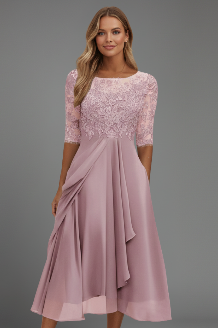 Patterned Elegant Midi Dress with Round Neckline in Dusty pink