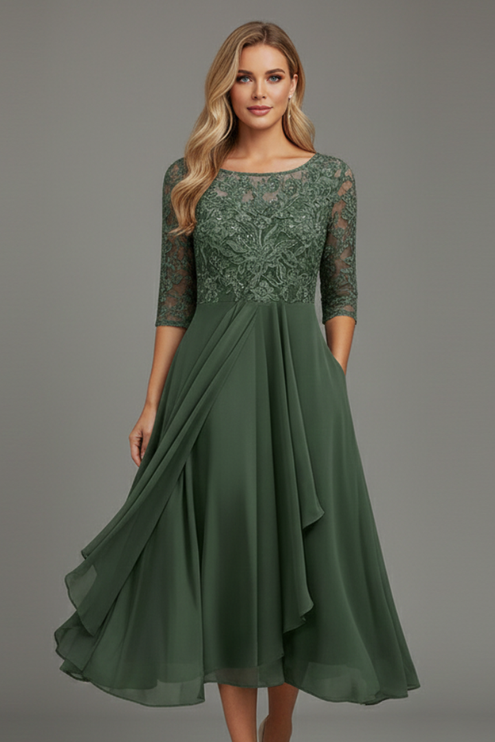 Patterned Elegant Midi Dress with Round Neckline in Forest green
