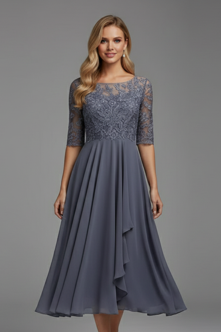Patterned Elegant Midi Dress with Round Neckline in Grey