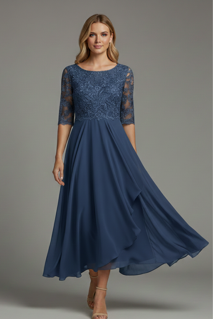 Patterned Elegant Midi Dress with Round Neckline in Navy blue