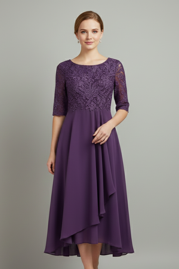 Patterned Elegant Midi Dress with Round Neckline in Plum purple