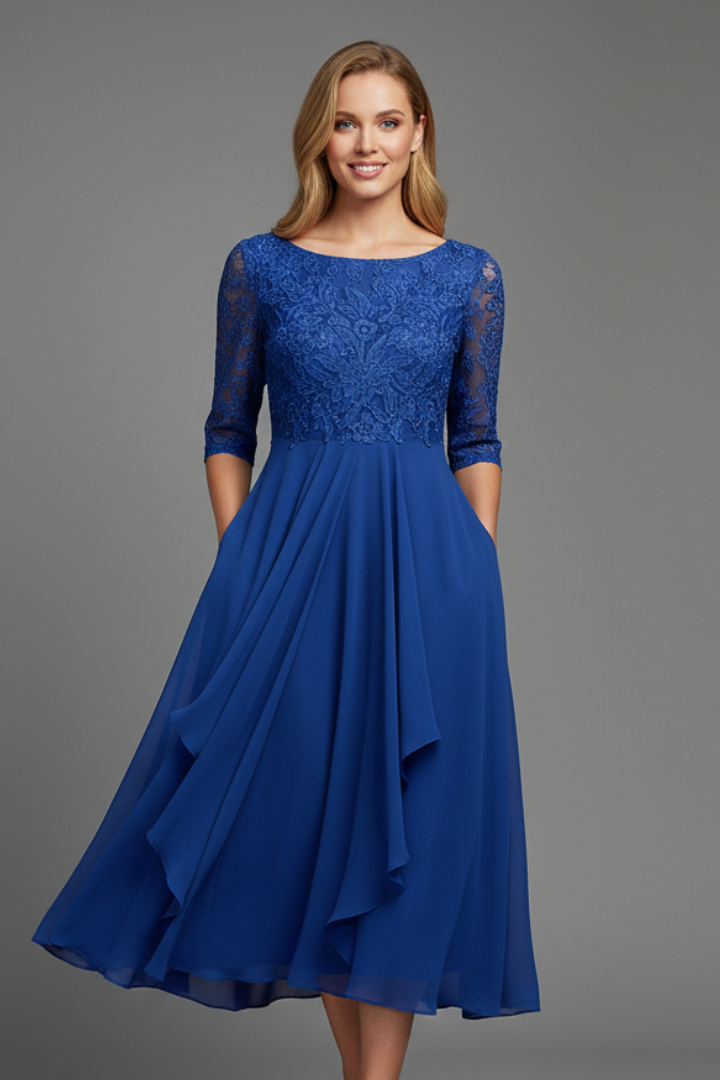 Patterned Elegant Midi Dress with Round Neckline in Royal blue