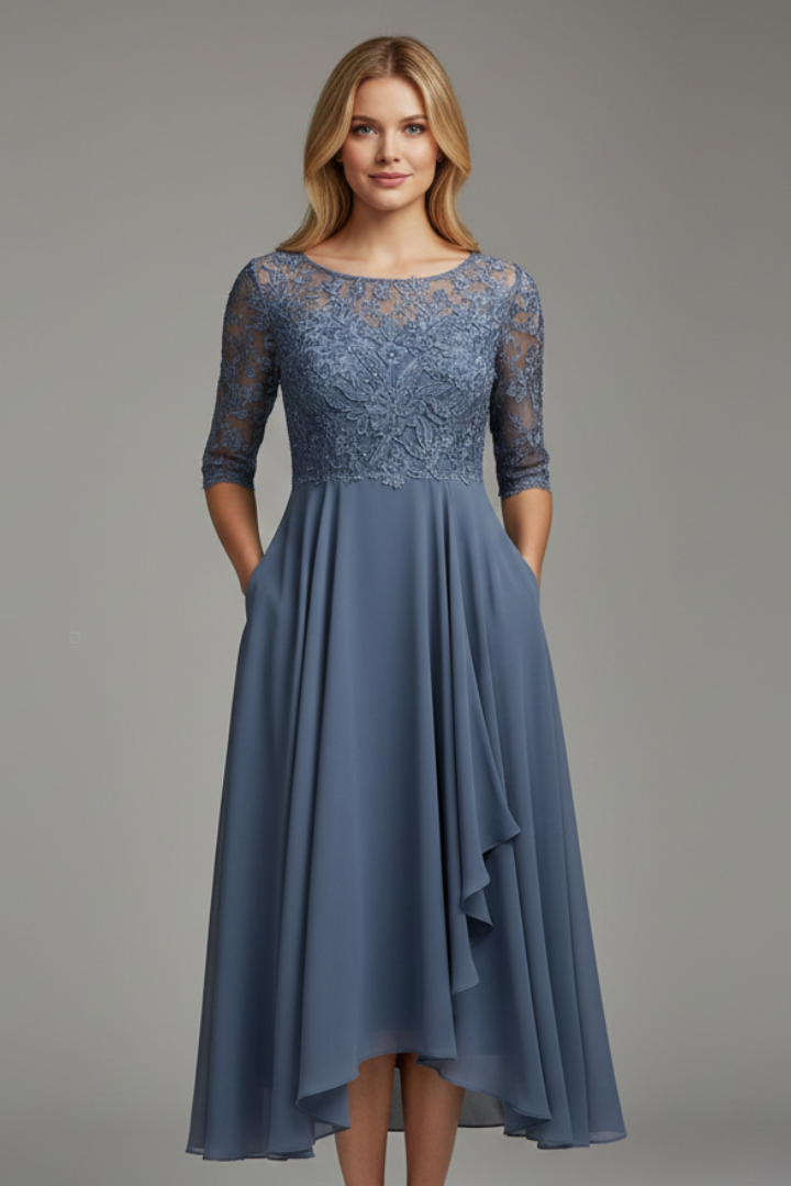 Patterned Elegant Midi Dress with Round Neckline in Slate blue