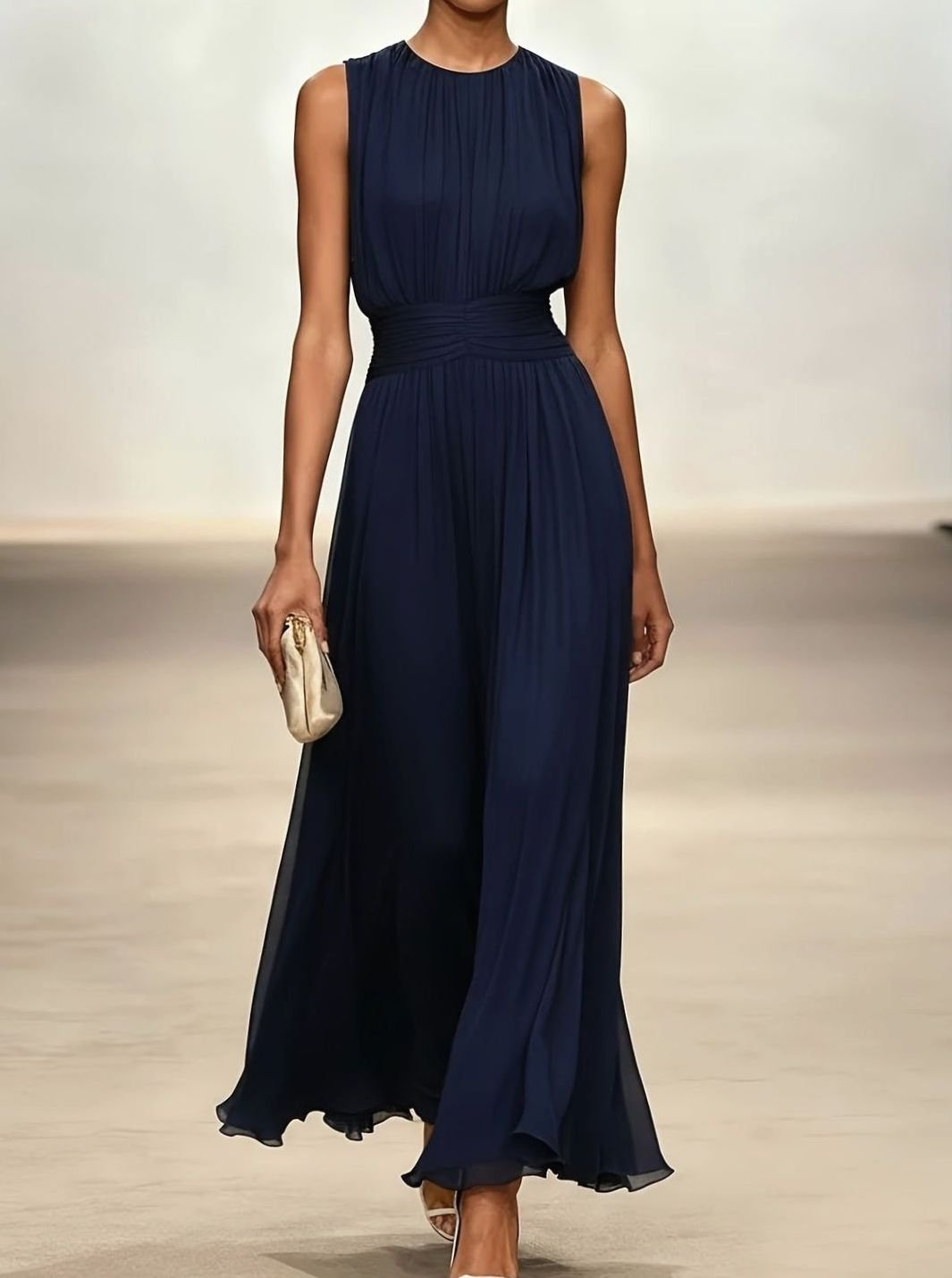 Pleated Chiffon Maxi Fall Wedding Guest Dress in Dark Blue