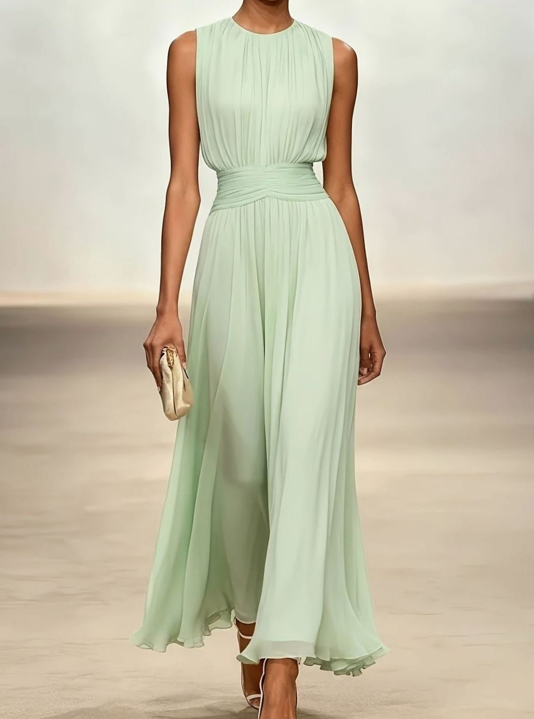Pleated Chiffon Maxi Fall Wedding Guest Dress in Green