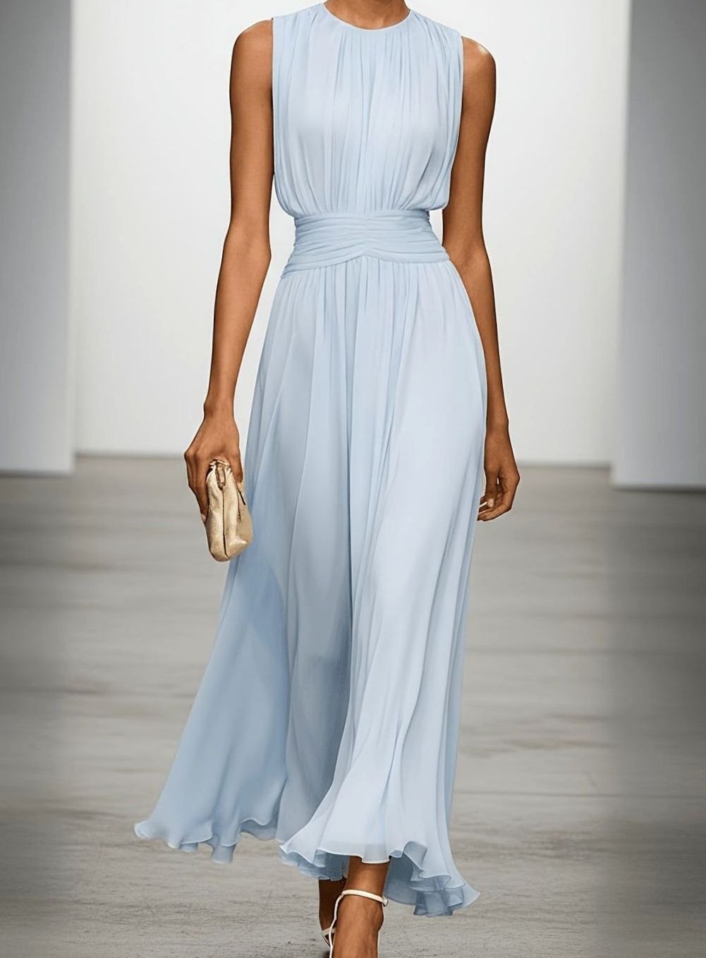 Pleated Chiffon Maxi Fall Wedding Guest Dress in Light Blue