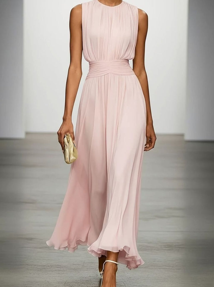 Pleated Chiffon Maxi Fall Wedding Guest Dress in Pink