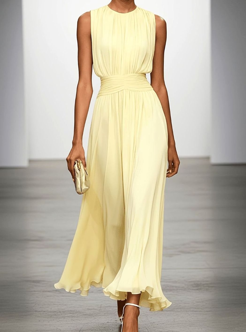Pleated Chiffon Maxi Fall Wedding Guest Dress in Yellow
