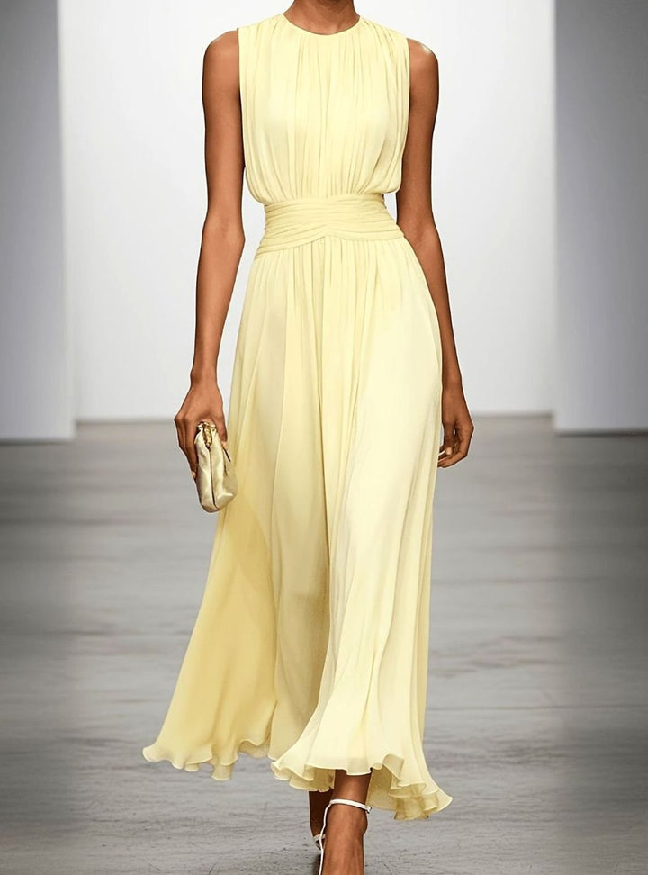 Pleated Chiffon Maxi Fall Wedding Guest Dress in Yellow