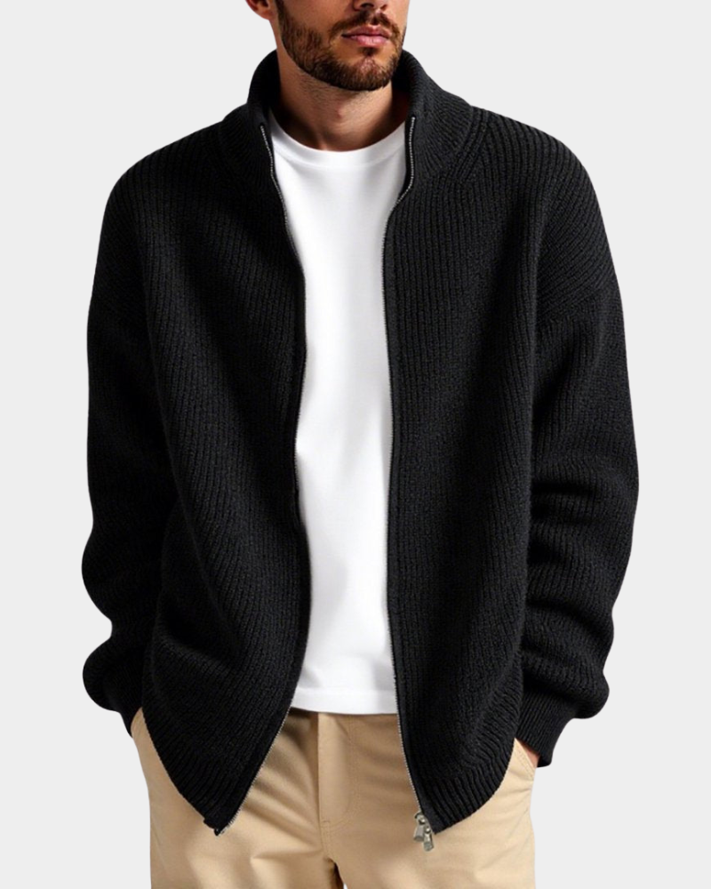 Relaxed Men's Fall Jacket in Ribbed Knit in Black